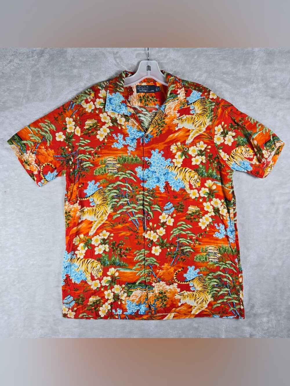 Polo Ralph Lauren Tiger Camp Shirt Men Medium Loop Collar Red Hawaiian Button Up